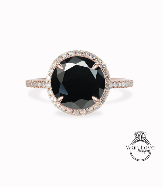 Vintage Black Spinel engagement ring rose gold round cut halo ring art deco diamond halo ring wedding Bridal ring Anniversary promise ring