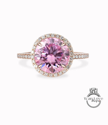 Anello di fidanzamento Halo rotondo con Moissanite rosa e diamante, personalizzato, 14k 18k bianco giallo oro rosa, platino, matrimonio, regalo di anniversario