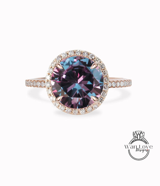 Anello di fidanzamento con zaffiro vintage viola con cambio di colore, anello rotondo in oro, anello art deco con diamanti, anello nuziale, anello di promessa di anniversario