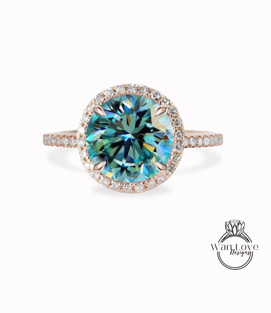 Anello Halo rotondo con diamanti Anello di fidanzamento con diamanti a taglio rotondo con Moissanite blu Anello vintage in oro Art Deco Anello da sposa antico con promessa di matrimonio