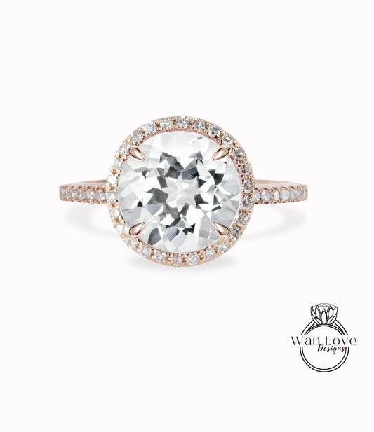 White Topaz & Diamond Round Halo Engagement Ring Custom made-Wedding-Anniversary-14k 18k White Yellow Rose Gold-Platinum Natural