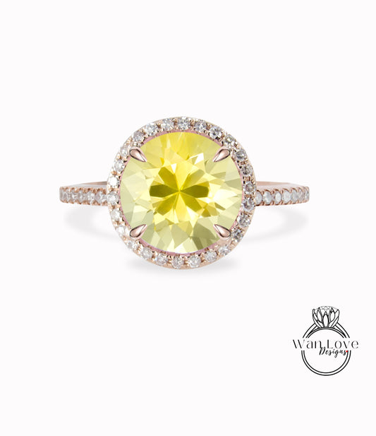 Anello di fidanzamento Halo con zaffiro giallo e diamante rotondo 14k 18k bianco giallo oro rosa-platino-su misura-anniversario di matrimonio