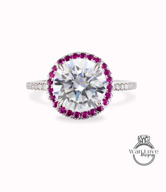 Moissanite Diamond & Rubies Halo Engagement Ring, Round Ruby Halo Moissanite Engagement Ring, round diamond halo moissanite rose anniversary promise ring