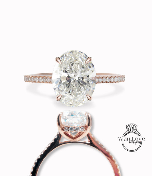 Diamond Hidden Halo Oval Cut 3/4 Almost Eternity Engagement Ring, Oval Lab Diamond Engagement Ring, Certified Diamond Ring, Solid 14k Engagement Ring