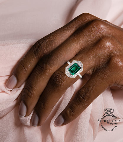 Art Deco Halo Emerald & Diamond Ring, Milgrain Bezel Halo Ring, Emerald Moissanite Ring, Vintage Inspired Ring