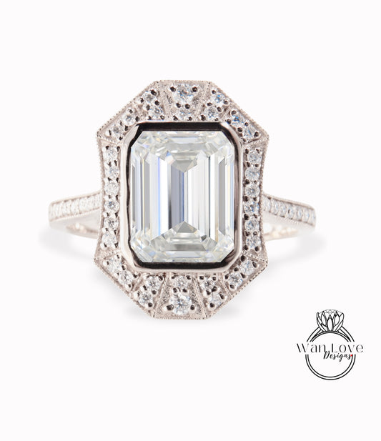 Art Deco Moissanite & Diamond Ring, Milgrain Bezel Halo Ring, Antique Moissanite Ring, Vintage Inspired Ring wedding ring anniversary ring