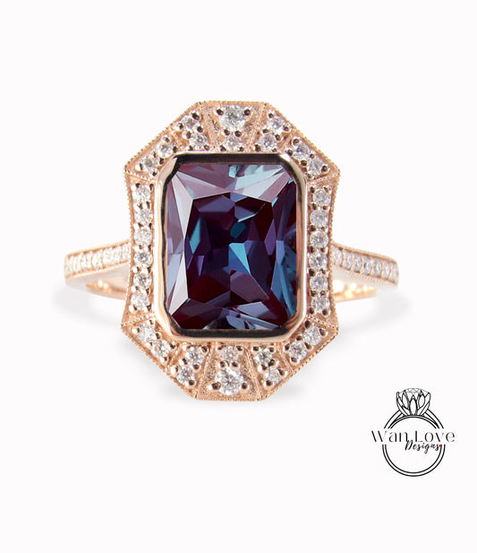 Art Deco Alexandrite & Diamond Emerald cut Ring, Milgrain Bezel Halo Ring, Alexandrite Moissanite Ring, Vintage Inspired Ring