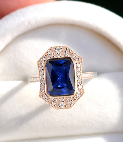 Anello Art Deco Halo con zaffiro blu e diamanti, anello Milgrain Bezel Halo, anello con zaffiro Moissanite, anello di ispirazione vintage