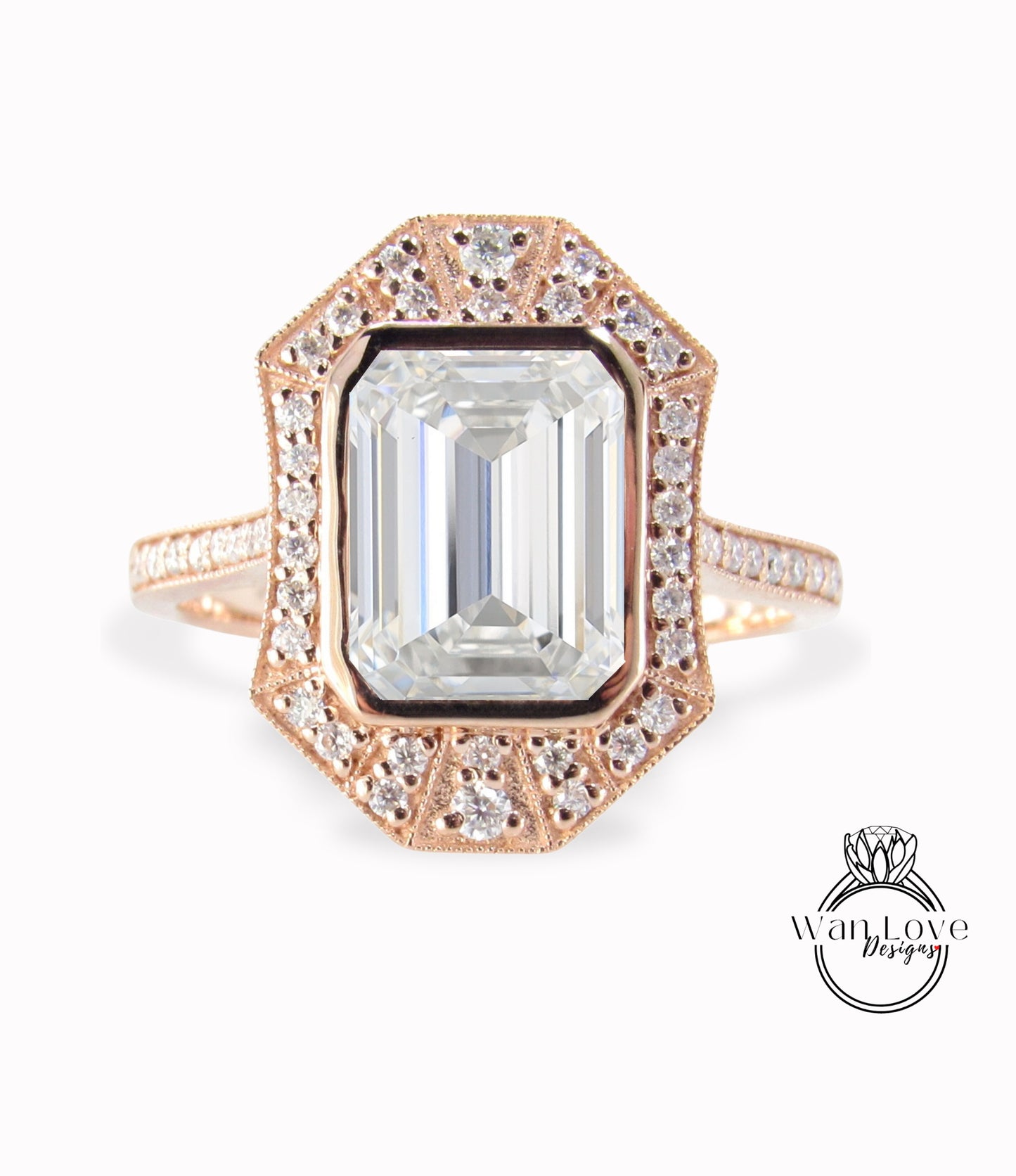 Ready to Ship Art Deco Moissanite Emerald cut Ring, Milgrain Bezel Halo Ring, Antique Moissanite Ring, Vintage Inspired Ring