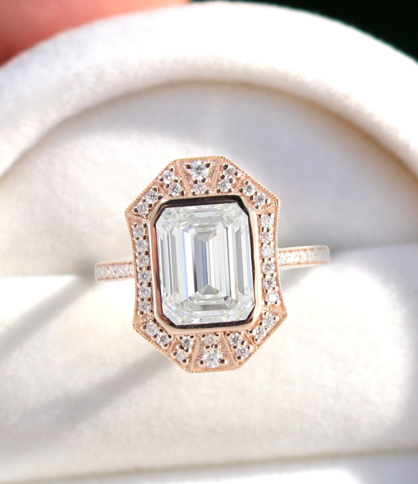 Ready to Ship Art Deco Moissanite Emerald cut Ring, Milgrain Bezel Halo Ring, Antique Moissanite Ring, Vintage Inspired Ring