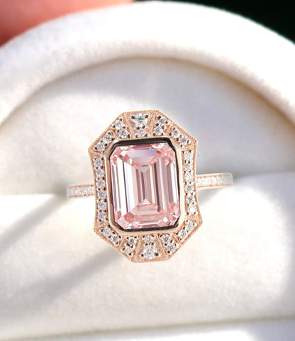 Art Deco Halo Peach Sapphire & Diamond Emerald cut Ring, Milgrain Bezel Halo Ring, Sapphire Moissanite Ring, Vintage Inspired Ring