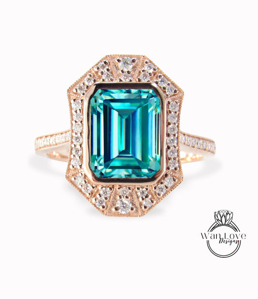 Art Deco Blue Moissanite & Diamond Ring, Milgrain Bezel Halo Ring, Blue Moissanite Ring, Vintage Inspired Ring