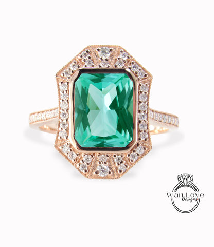 Art Deco Halo Teal Spinel & Diamond Ring, Milgrain Bezel Halo Ring, Spinel Moissanite Ring, Vintage Inspired Ring