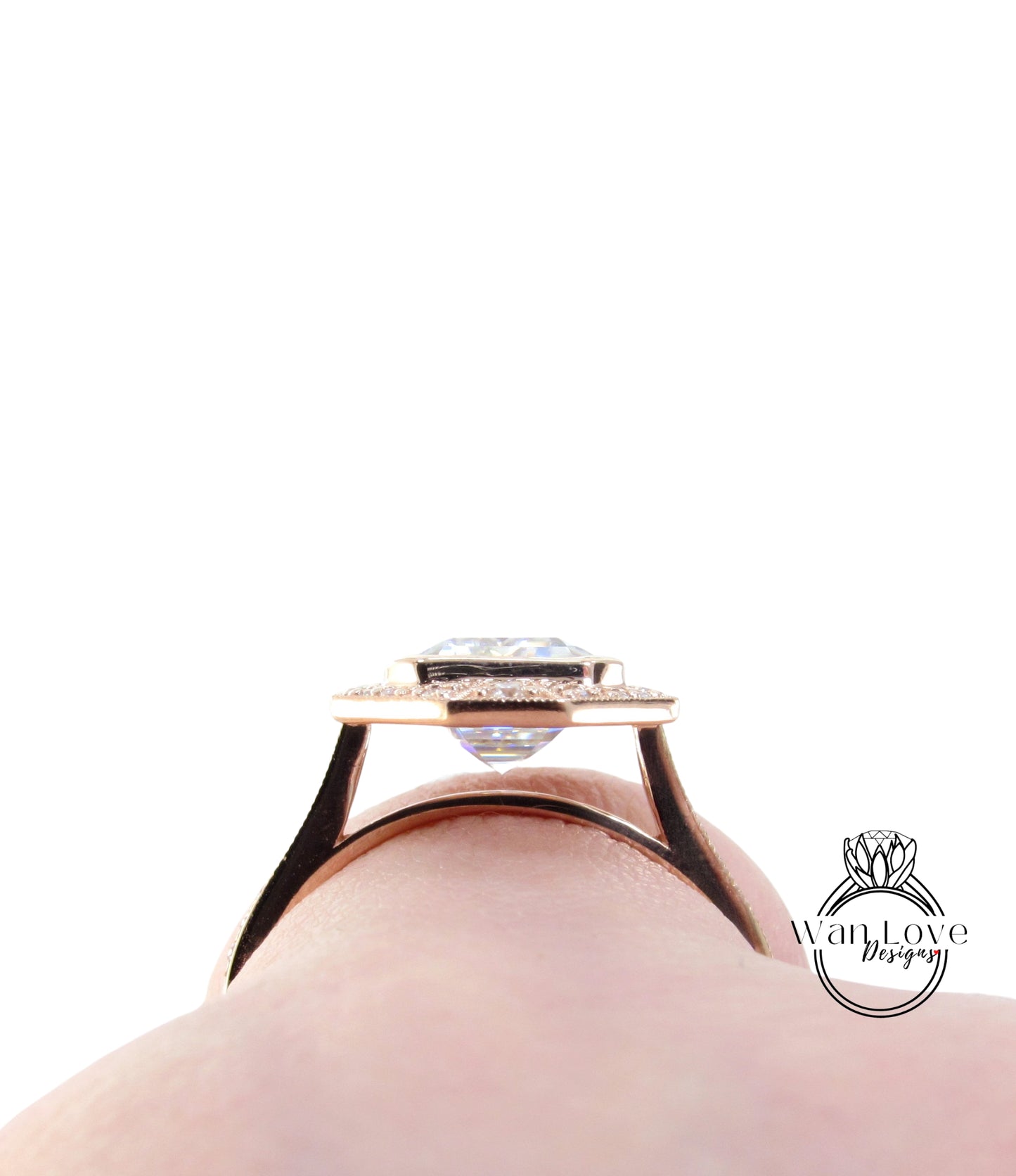 Art Deco Halo Peach Sapphire & Diamond Emerald cut Ring, Milgrain Bezel Halo Ring, Sapphire Moissanite Ring, Vintage Inspired Ring