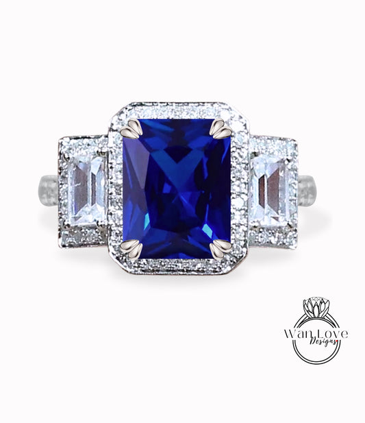 Blue Sapphire & Diamond Baguette Emerald cut 3 gemstone triple halo Engagement Ring, 14k 18k White Yellow Rose gold-Platinum-Custom-Bridal Wedding ring-Anniversary Gift