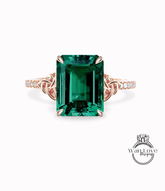 Celtic Emerald engagement ring rose gold Emerald cut diamond Celtic knot wedding ring Unique Bridal Promise Anniversary ring gift