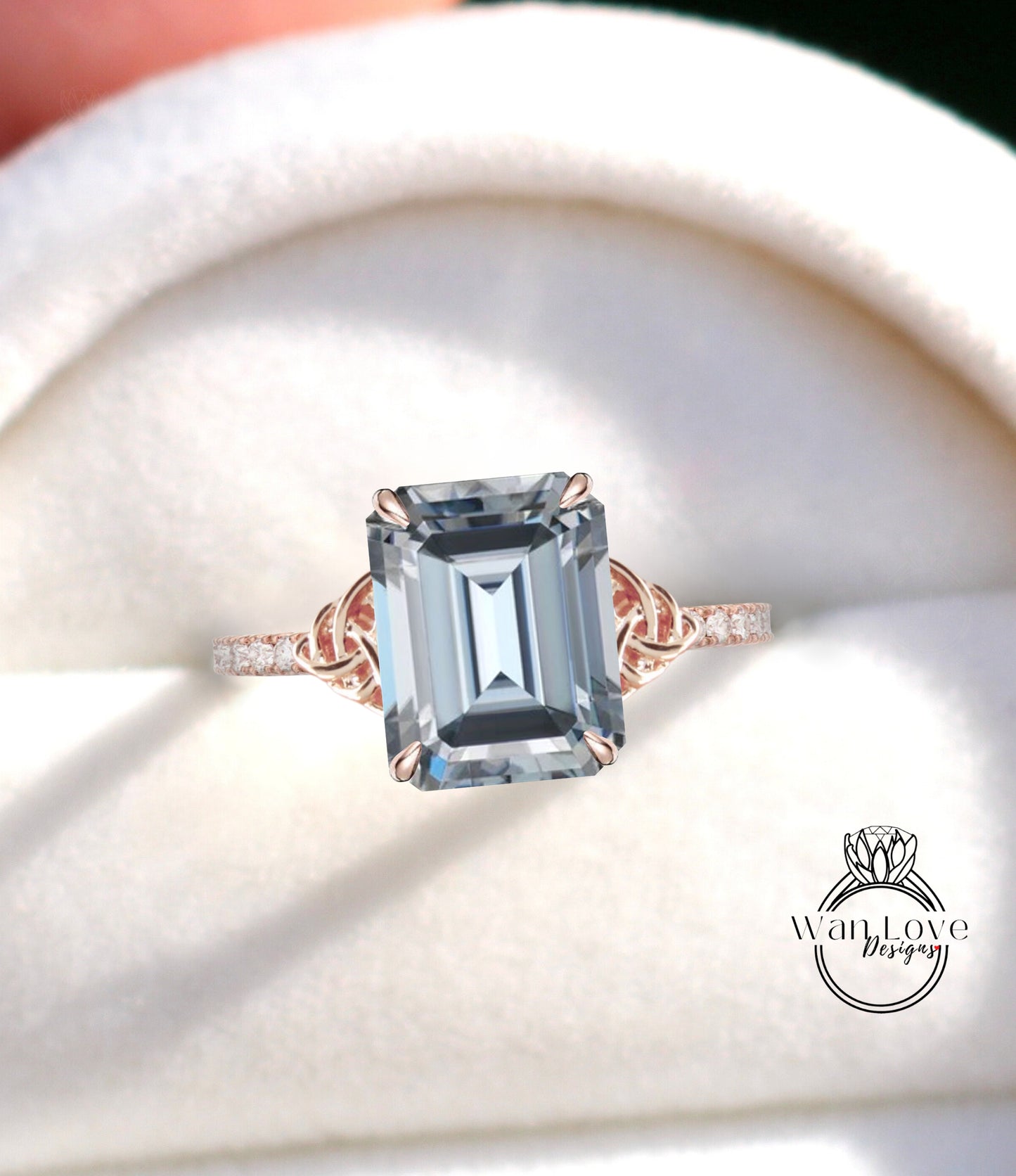 Celtic Knot Grey Moissanite & Diamond Radiant Engagement Ring Celtic Moissanite diamond half eternity ring Emerald Bridal Anniversary Ring