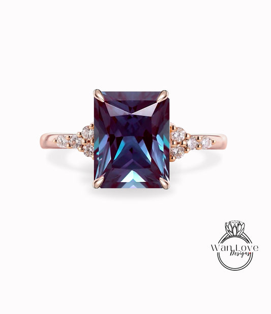 Alexandrite engagement ring vintage Emerald cut Moissanite diamond Unique Cluster rose gold engagement ring Bridal promise gift