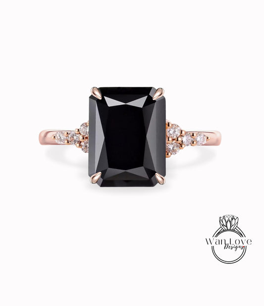 Black Spinel engagement ring vintage Emerald cut Moissanite diamond Unique Cluster rose gold engagement ring Bridal promise gift