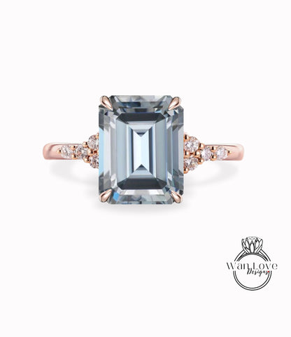 Grey Moissanite Emerald cut engagement ring vintage Unique Radiant cut Moissanite diamond Cluster gold engagement ring women Bridal gift