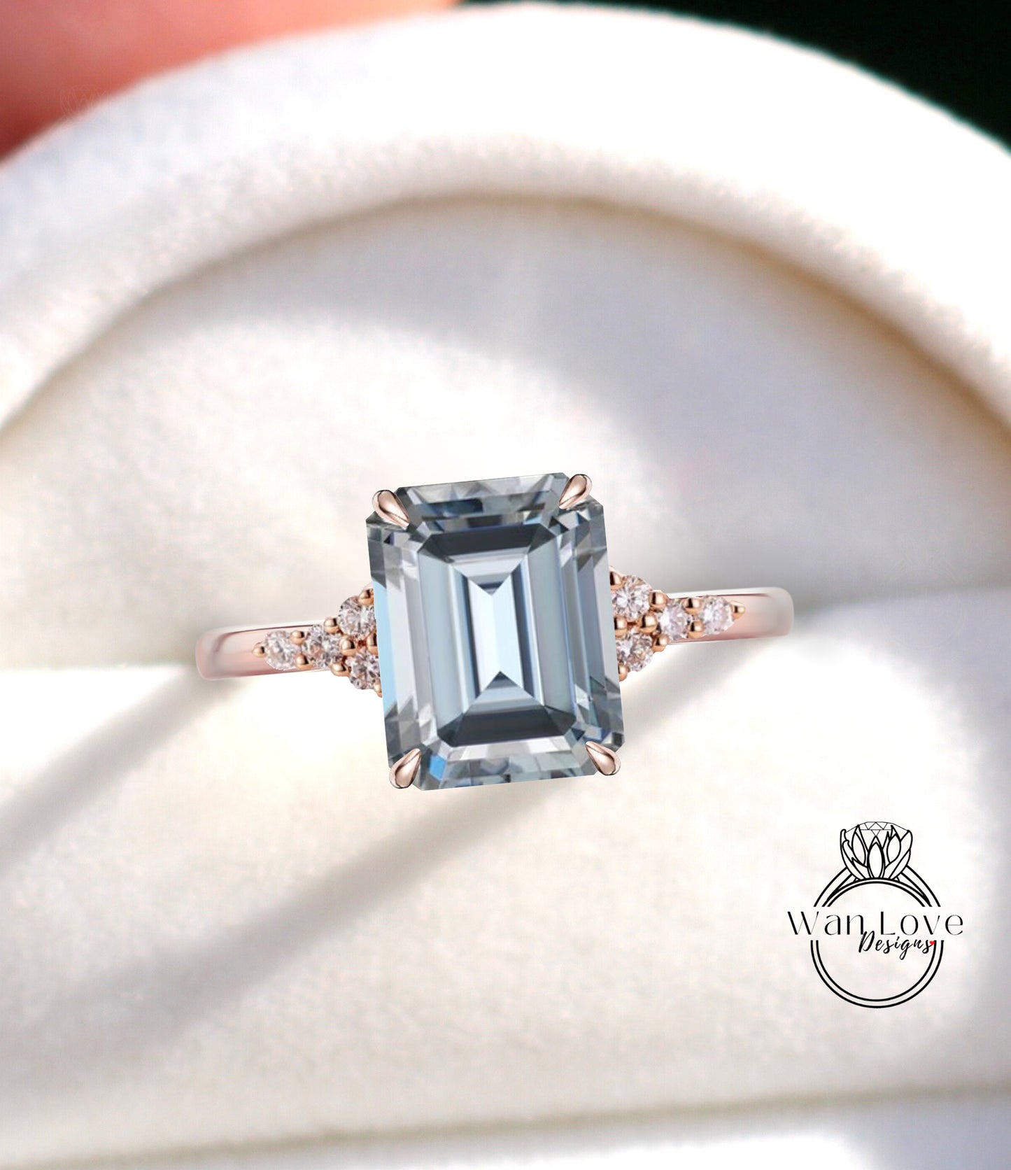 Grey Moissanite Emerald cut engagement ring vintage Unique Radiant cut Moissanite diamond Cluster gold engagement ring women Bridal gift