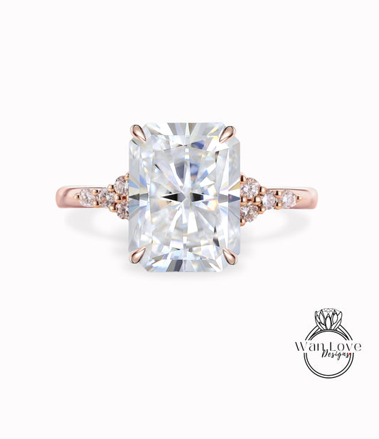 Moissanite Radiant cut engagement ring vintage Emerald cut Moissanite diamond Unique Cluster rose gold engagement ring Bridal promise gift