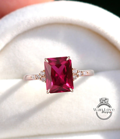 Emerald Cut Ruby Ring, Diamond Ruby Ring, Unique Cluster Ring by WanLoveDesigns