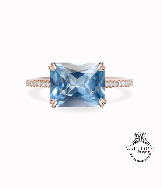 Aquamarine Blue Spinel & Diamond East West Double prong Engagement Ring, Emerald cut Light Blue Spinel ring, Custom, Wedding Anniversary Gift ring