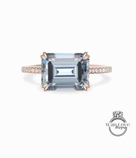 East West Grey Moissanite & Diamond Emerald cut half eternity Radiant Engagement Ring Art Deco Emerald Gray Ring wedding anniversary bridal promise ring