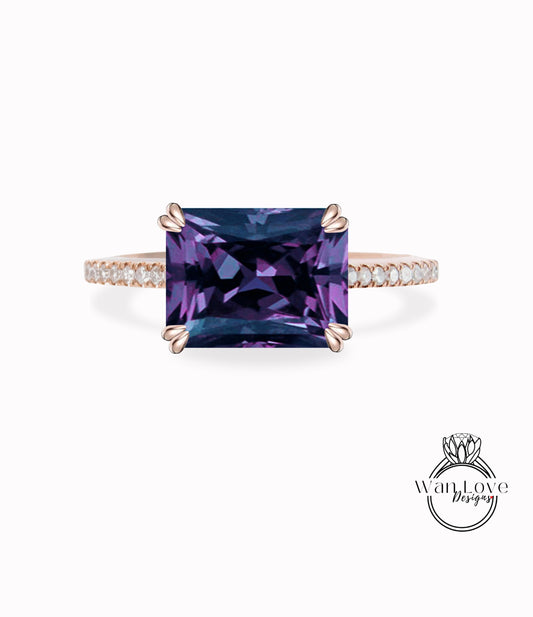 East West Purple Sapphire Alexandrite Color & Diamond Half Eternity Engagement Ring Emerald Radiant 14k 18k White Yellow Rose Gold-Platinum-Custom-Wedding