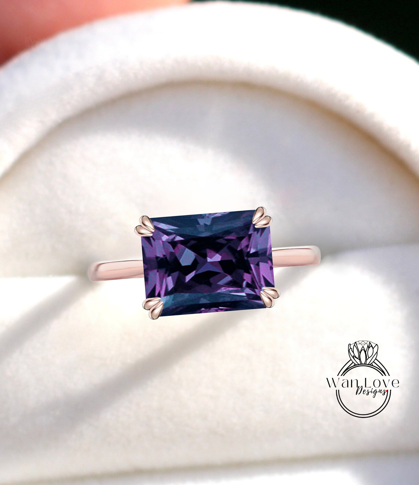 Anello di fidanzamento con zaffiro East West con cambiamento di colore di Alexandrite, 14k 18k bianco giallo oro rosa platino anniversario di matrimonio personalizzato, WanLoveDesigns