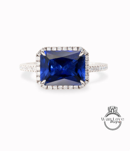 Blue Sapphire Diamond Emerald Halo East West Engagement Ring, Custom,14k 18k White Rose Yellow Gold, Platinum, Anniversary Gift
