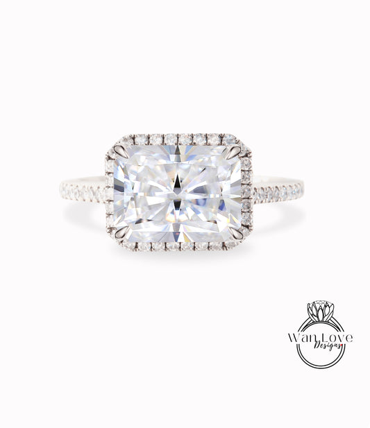 East West Radiant halo Moissanite diamond Engagement Ring Vintage 14K 18K Rose Gold Art Deco Emerald moissanite diamond halo bridal ring