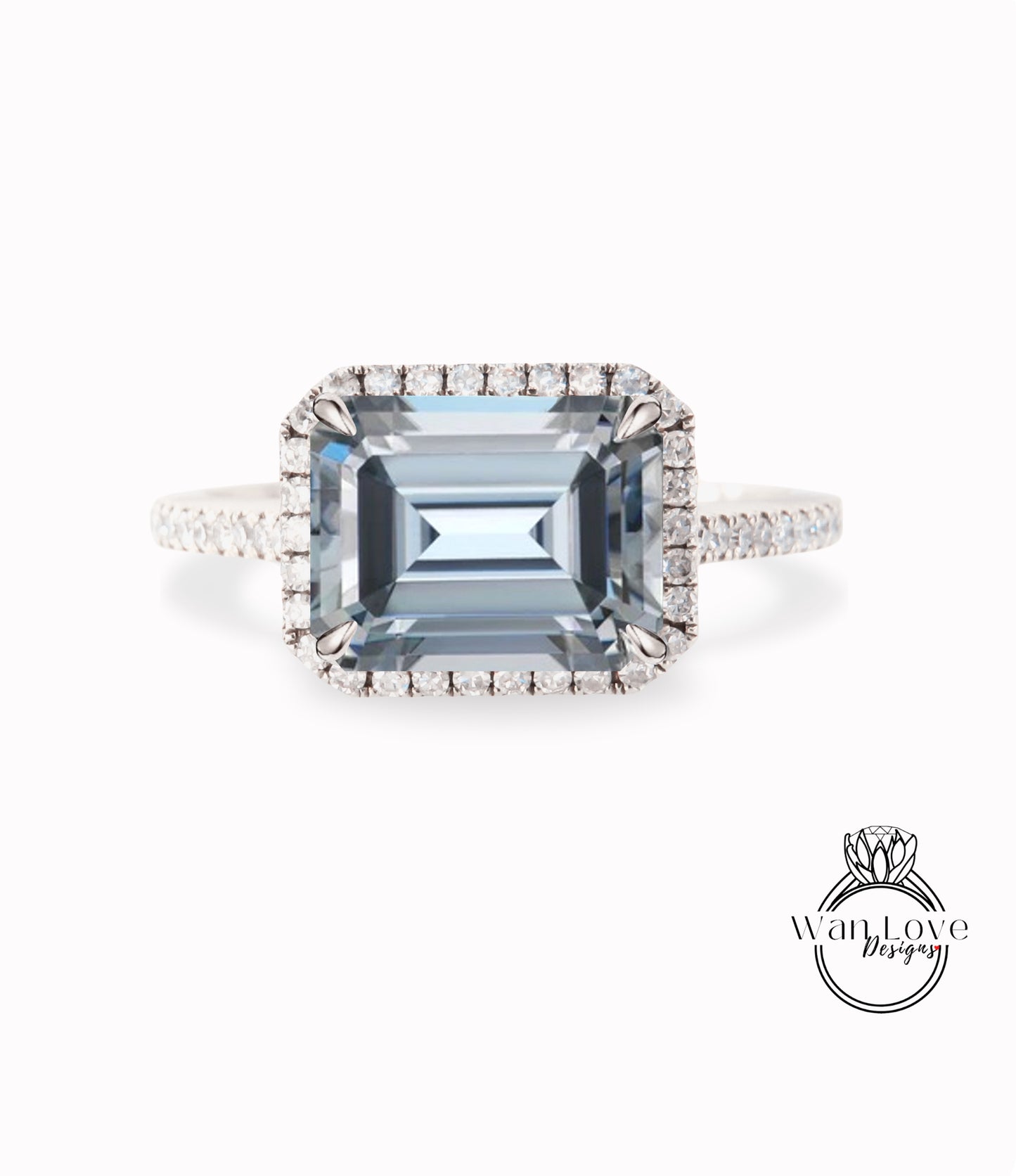East West Emerald halo Grey Moissanite diamond Engagement Ring Vintage Rose Gold Art Deco Radiant Gray moissanite diamond halo bridal ring