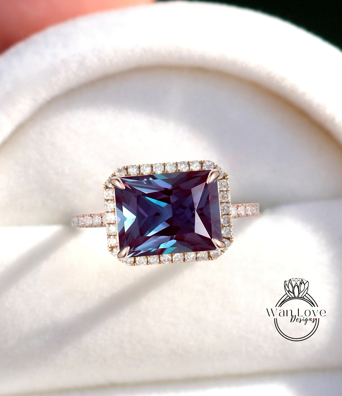 Alexandrite & Diamond Halo East West Emerald Engagement Ring, 14k 18k White Yellow Rose Gold,Platinum,Custom,Wedding,Anniversary