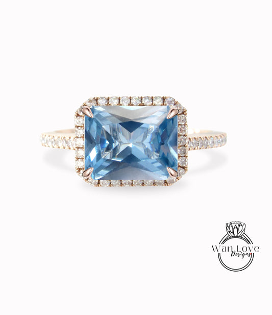 Aquamarine Spinel & Diamond Halo East West Emerald Radiant Engagement Ring, 14k 18k White Yellow Rose Gold,Platinum,Custom