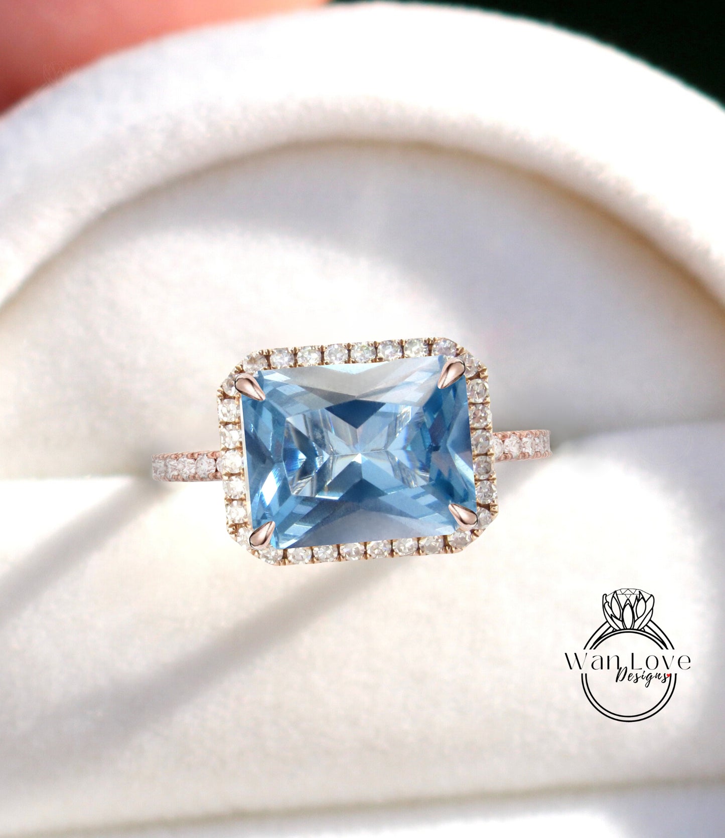 Aquamarine Spinel & Diamond Halo East West Emerald Radiant Engagement Ring, 14k 18k White Yellow Rose Gold,Platinum,Custom