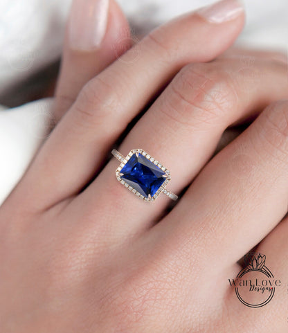 Blue Sapphire Diamond Emerald Halo East West Engagement Ring, Custom,14k 18k White Rose Yellow Gold, Platinum, Anniversary Gift