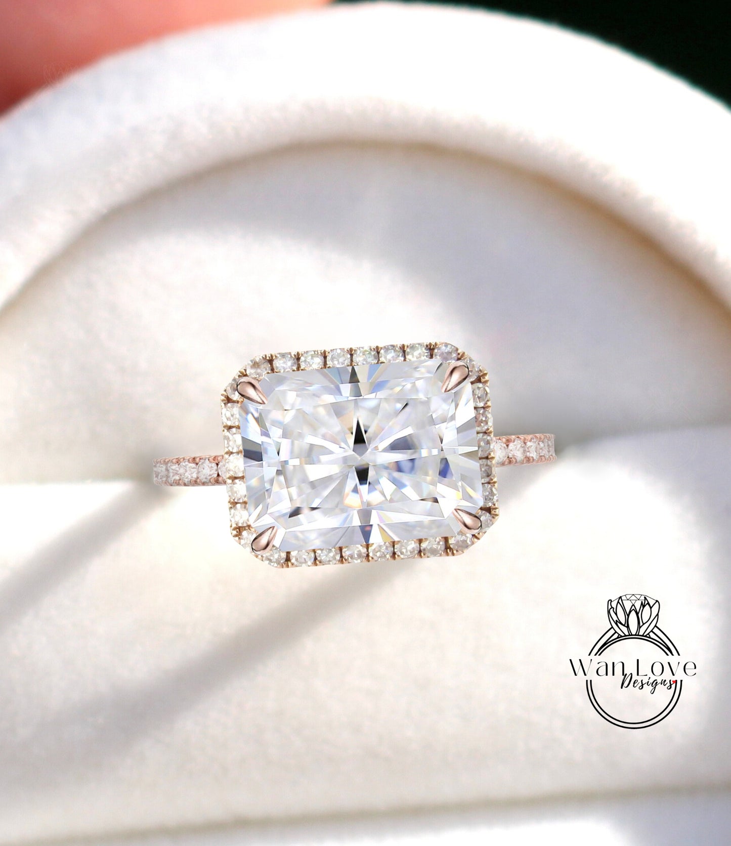 East West Radiant halo Moissanite diamante Anello di fidanzamento Vintage 14K 18K Rose Gold Art Deco Smeraldo moissanite diamante halo anello nuziale