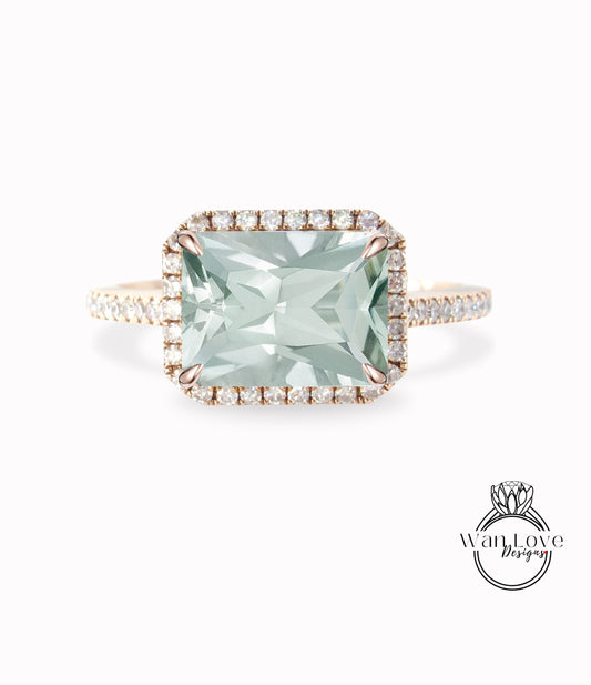 Prasiolite Green Amethyst & Diamond Halo East West Emerald Radiant Engagement Ring, 14k 18k White Yellow Rose Gold,Platinum,Custom