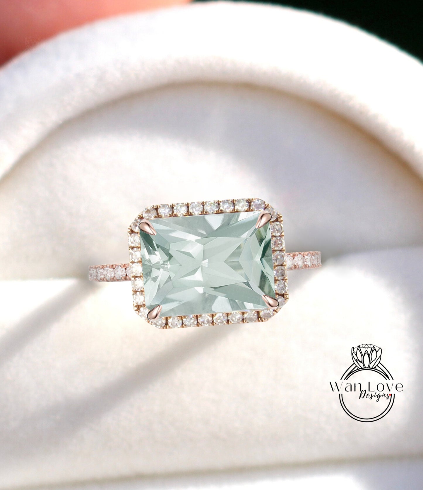 Prasiolite Green Amethyst & Diamond Halo East West Emerald Radiant Engagement Ring, 14k 18k White Yellow Rose Gold,Platinum,Custom