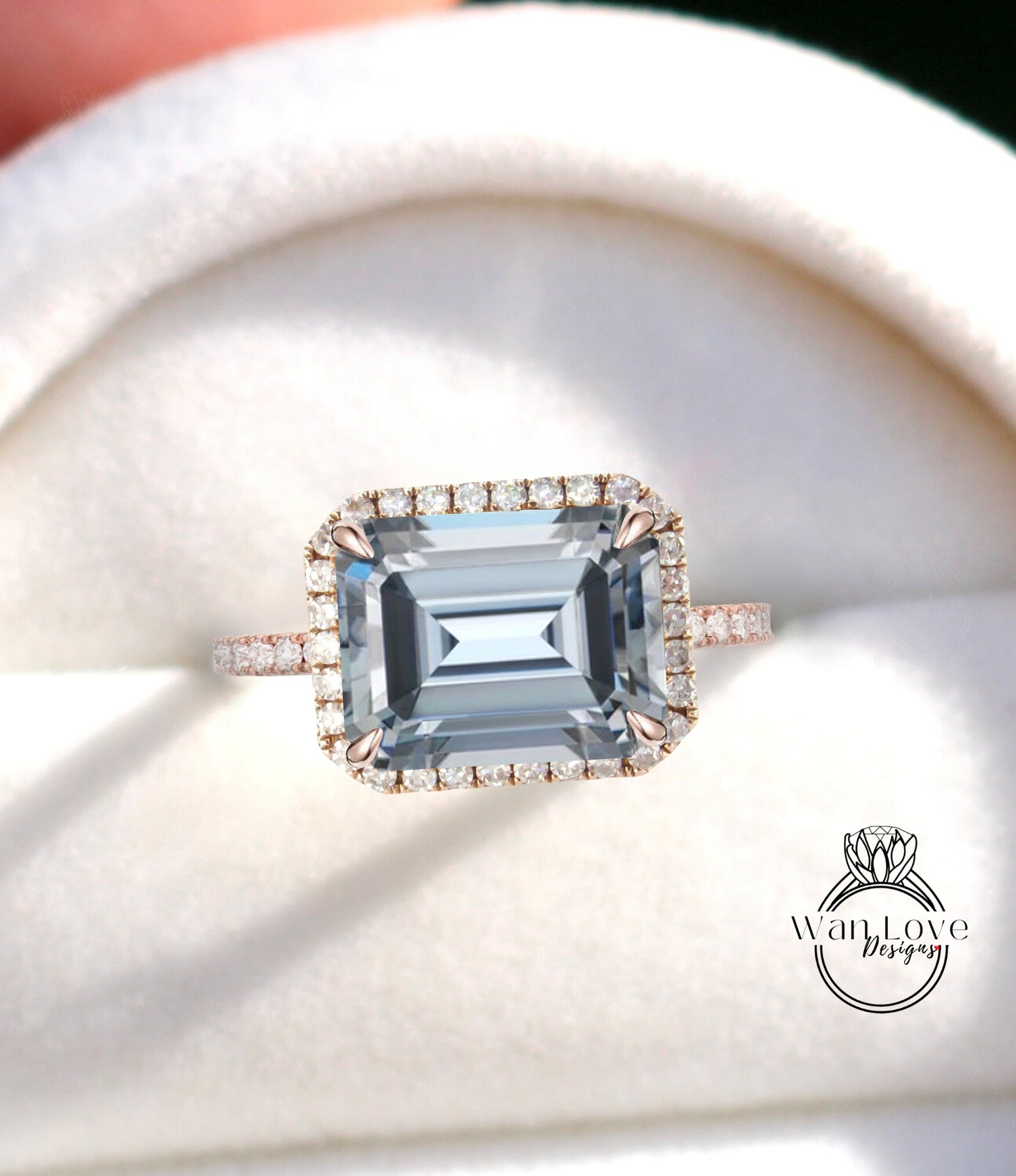 East West Emerald halo Grey Moissanite diamond Engagement Ring Vintage Rose Gold Art Deco Radiant Gray moissanite diamond halo bridal ring