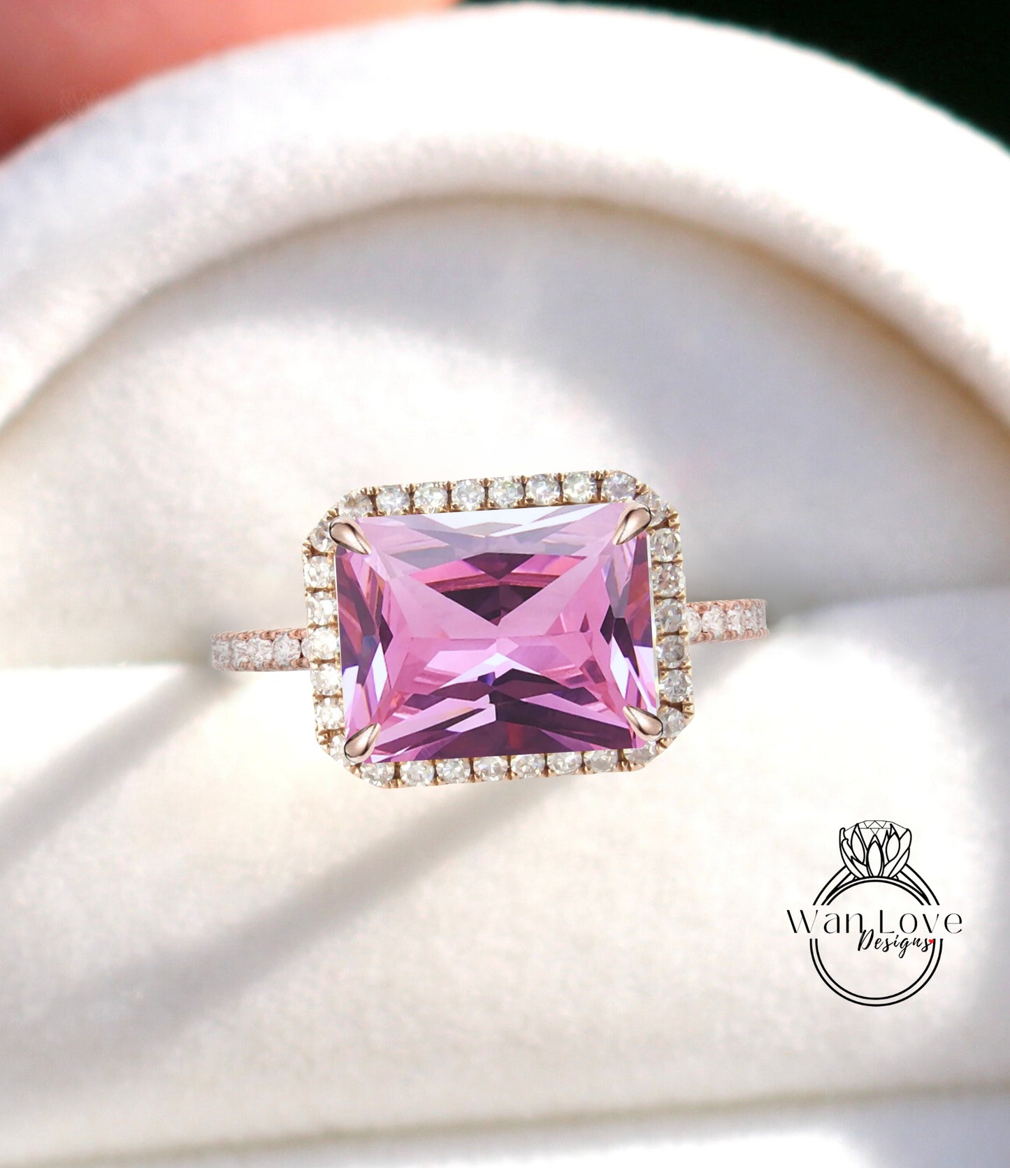 Pink Sapphire & Diamond Halo East West Emerald Radiant Engagement Ring, 14k 18k White Yellow Rose Gold,Platinum,Custom,Anniversary