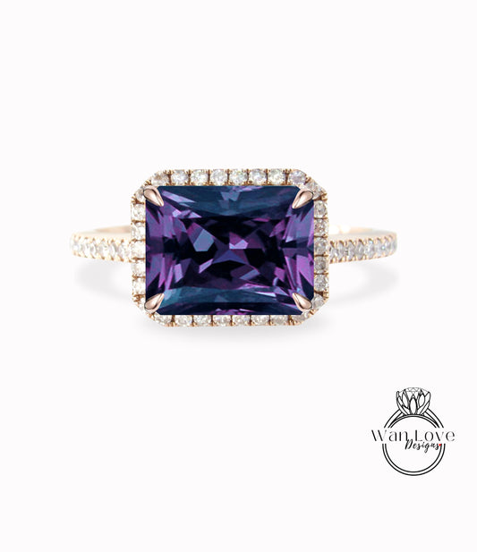 East West Purple Sapphire Alexandrite Color Emerald halo Moissanite diamond Engagement Ring Vintage 14K 18K Rose Gold Art Deco Radiant moissanite diamond halo bridal ring