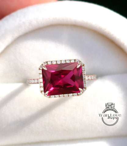 Anello di fidanzamento radiante con rubino e diamante Halo East West Emerald, 14k 18k bianco giallo oro rosa, platino, personalizzato, matrimonio, WanLoveDesigns