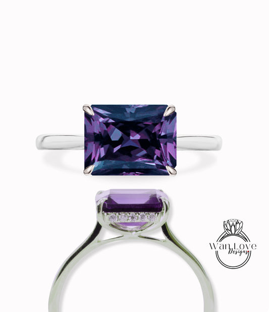 Purple Sapphire Alexandrite Color & Diamond East West Side Halo plain tapered shank band Engagement Ring Emerald Radiant 14k 18k White Yellow Rose Gold-Platinum-Custom-Wedding