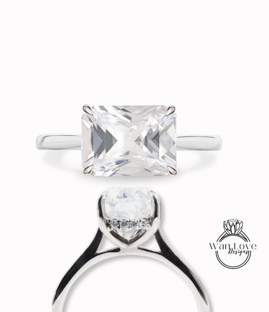 White Sapphire & Diamond Engagement Ring, Side Halo Ring, Emerald cut ring, Plain band shank ring, Custom, Wedding or Anniversary ring