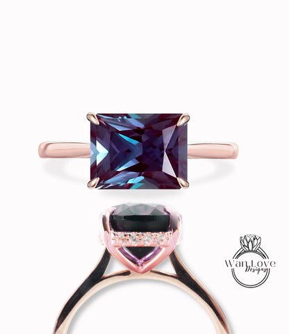 Alexandrite & Diamond Engagement Ring, Side Halo Ring, Emerald cut ring, Plain band shank ring, Custom, Wedding or Anniversary ring