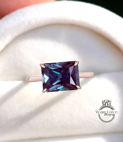 Alexandrite & Diamond Engagement Ring, Side Halo Ring, Emerald cut ring, Plain band shank ring, Custom, Wedding or Anniversary ring