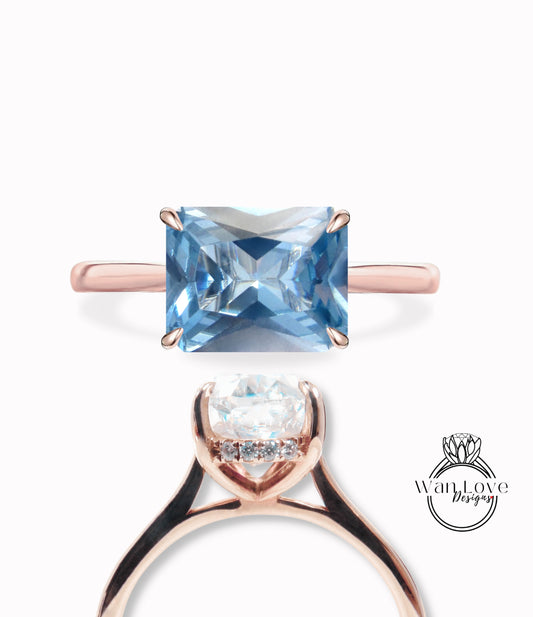 Aquamarine Blue Spinel & Diamond engagement ring plain rose gold tapered band Unique east west Side Halo vintage engagement ring women diamond wedding Anniversary gift